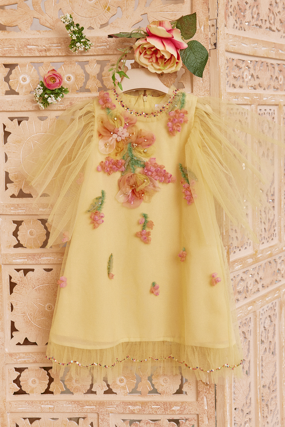 Yellow tulle dress with hand-embellished 3D flowers and tulle sleeves