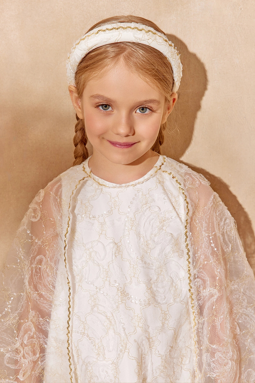 Ivory and gold lace dress with flared sheer cape sleeves