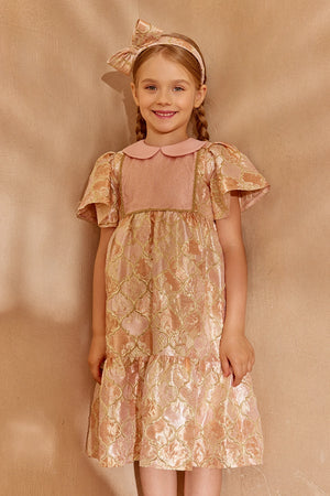 Shimmering brocade dress with flutter sleeves and contrast collar