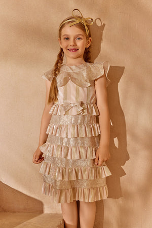 Gold and blush pleated ruffle dress with shimmer details and bow