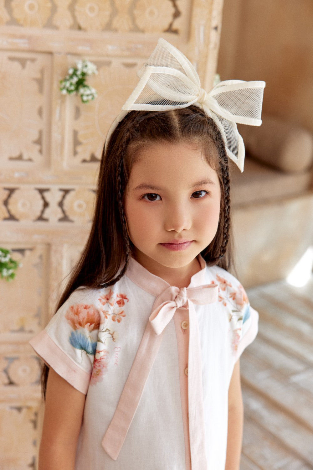 Light ivory dress with floral prints and cap sleeves