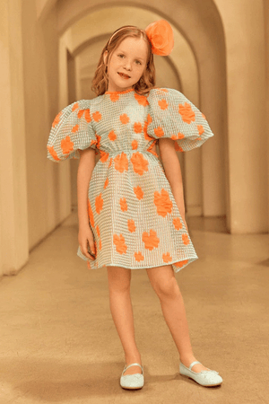 Aqua puff-sleeve jacquard organza dress with bold coral florals and a playful open-back detail