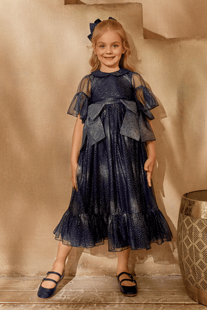 Dark blue and silver dress with large bows and short sleeves