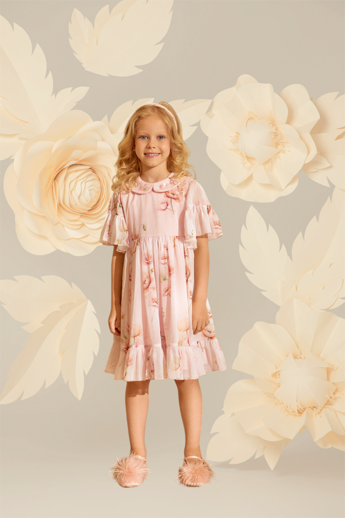 Light pink floral printed dress with an embellished collar