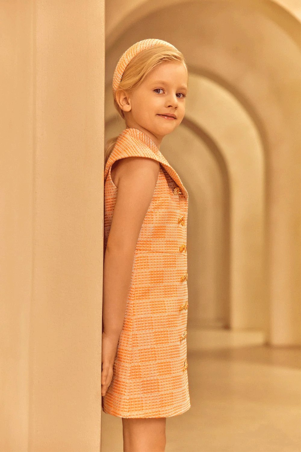 Sleeveless A-line dress in coral, aqua and rose gold tweed with a wide sailor collar and double-breasted button detail 13-14 years / Pink