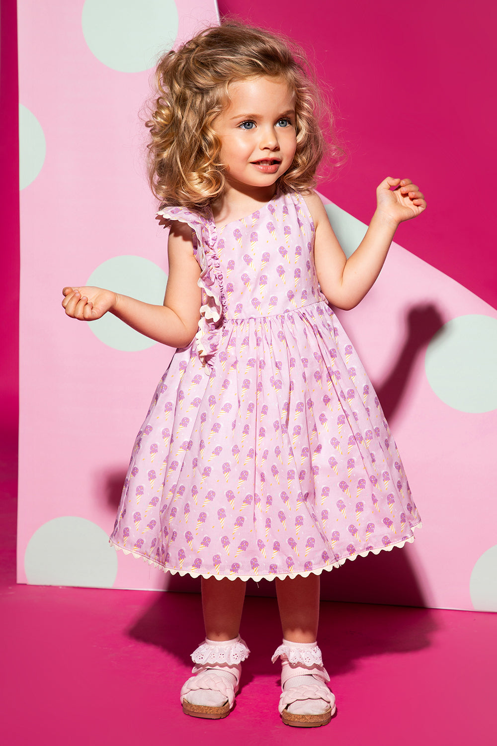 Pink satin cotton baby dress with icecream print and one shoulder frill