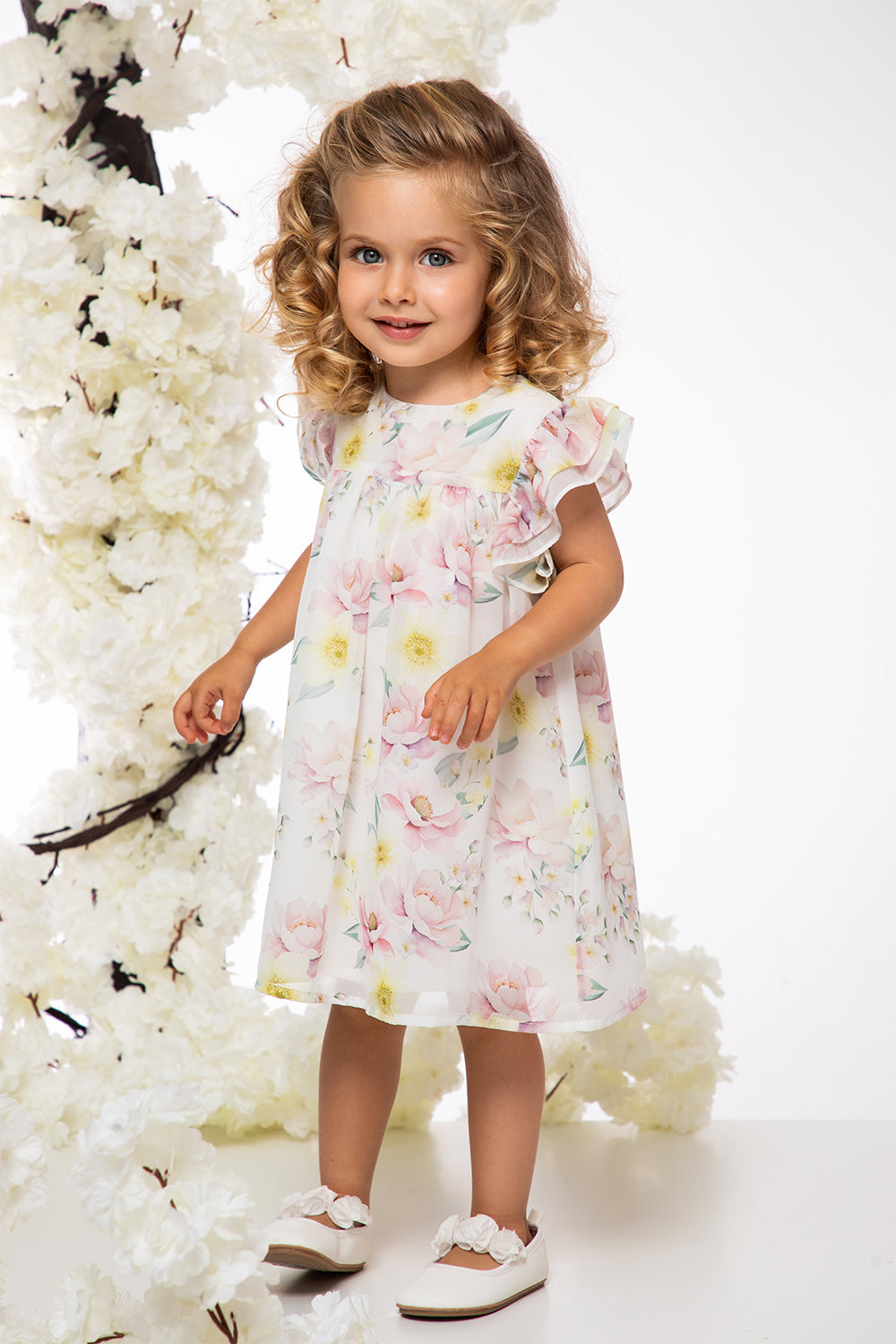 White floral chiffon baby dress with matching knickers