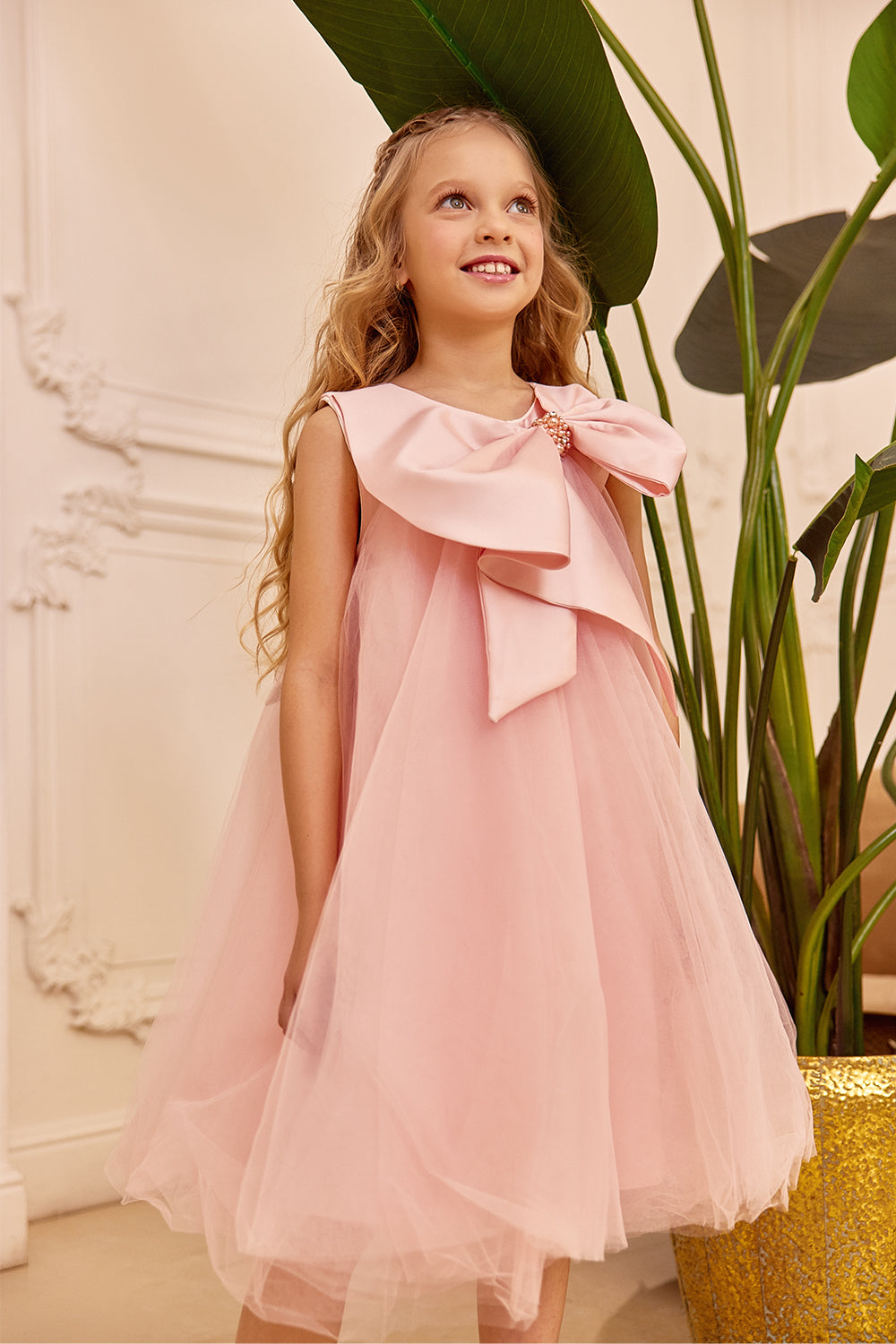 Bow-tie collar puffy tulle girl children dress in pink