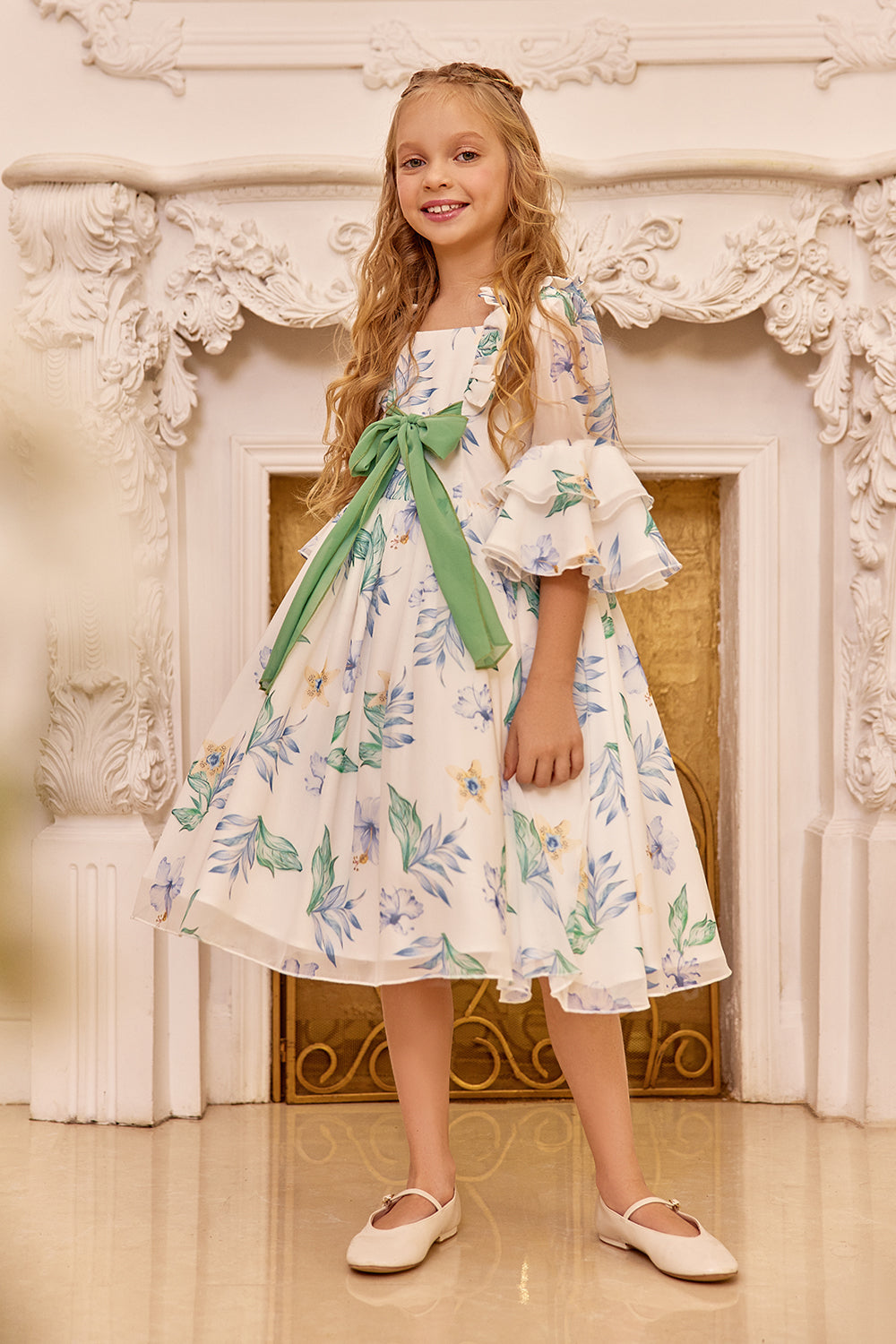 Chiffon floral dress with green bow