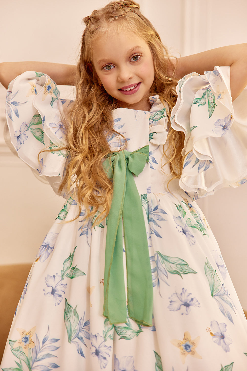 Chiffon floral dress with green bow