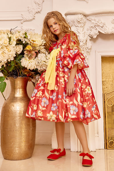 Chiffon floral red dress with yellow bow