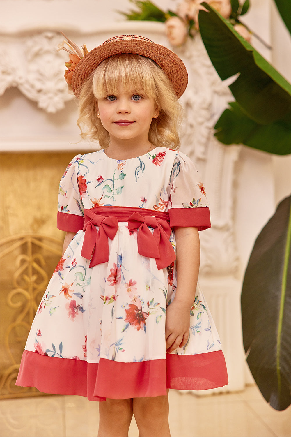 Chiffon floral baby dress with two red bow