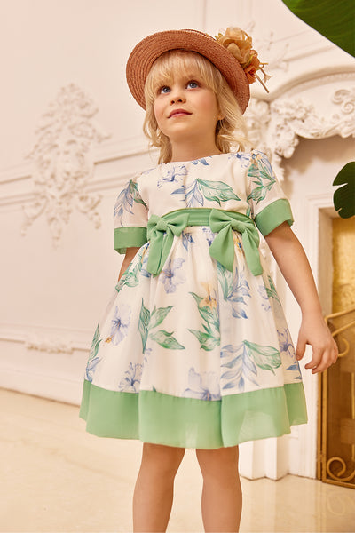 Chiffon floral baby dress with two green bow