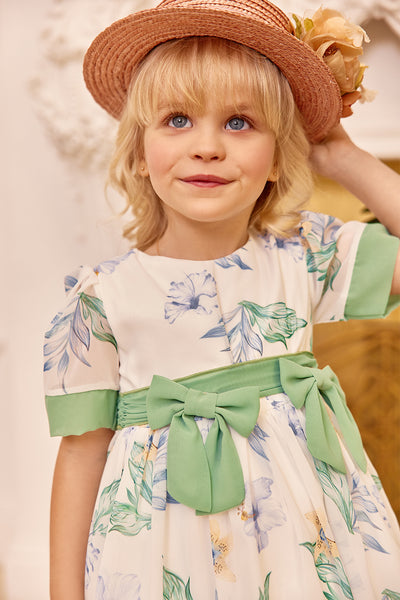 Chiffon floral baby dress with two green bow