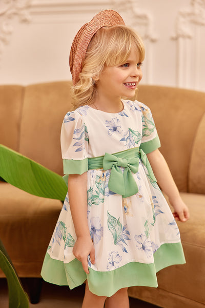 Chiffon floral baby dress with two green bow