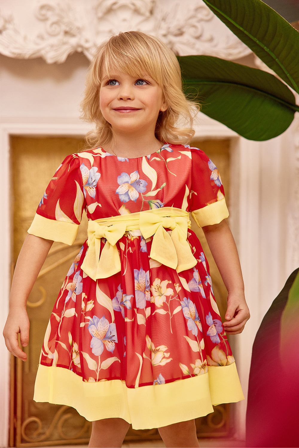 Chiffon floral red baby dress with two yellow bow