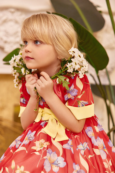 Chiffon floral red baby dress with two yellow bow