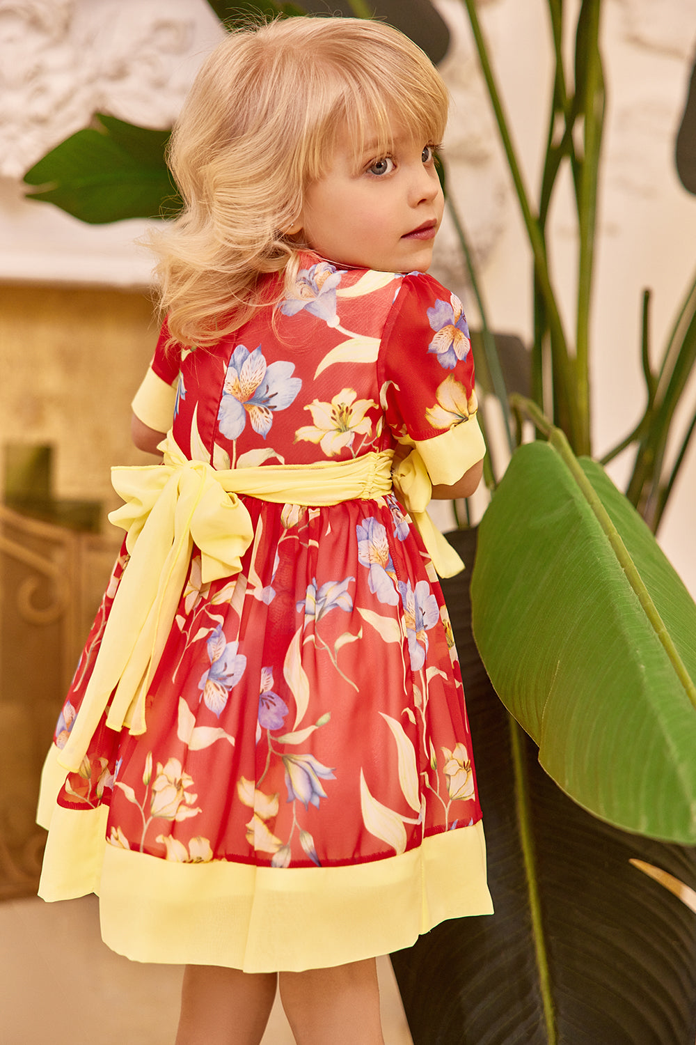 Chiffon floral red baby dress with two yellow bow