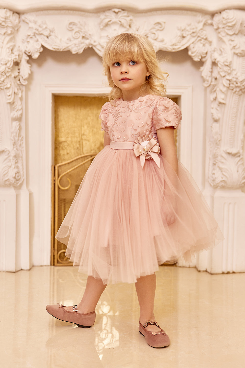 Soft pink tulle dress with pearl decoration