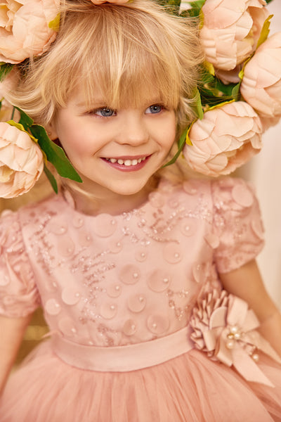 Soft pink tulle dress with pearl decoration