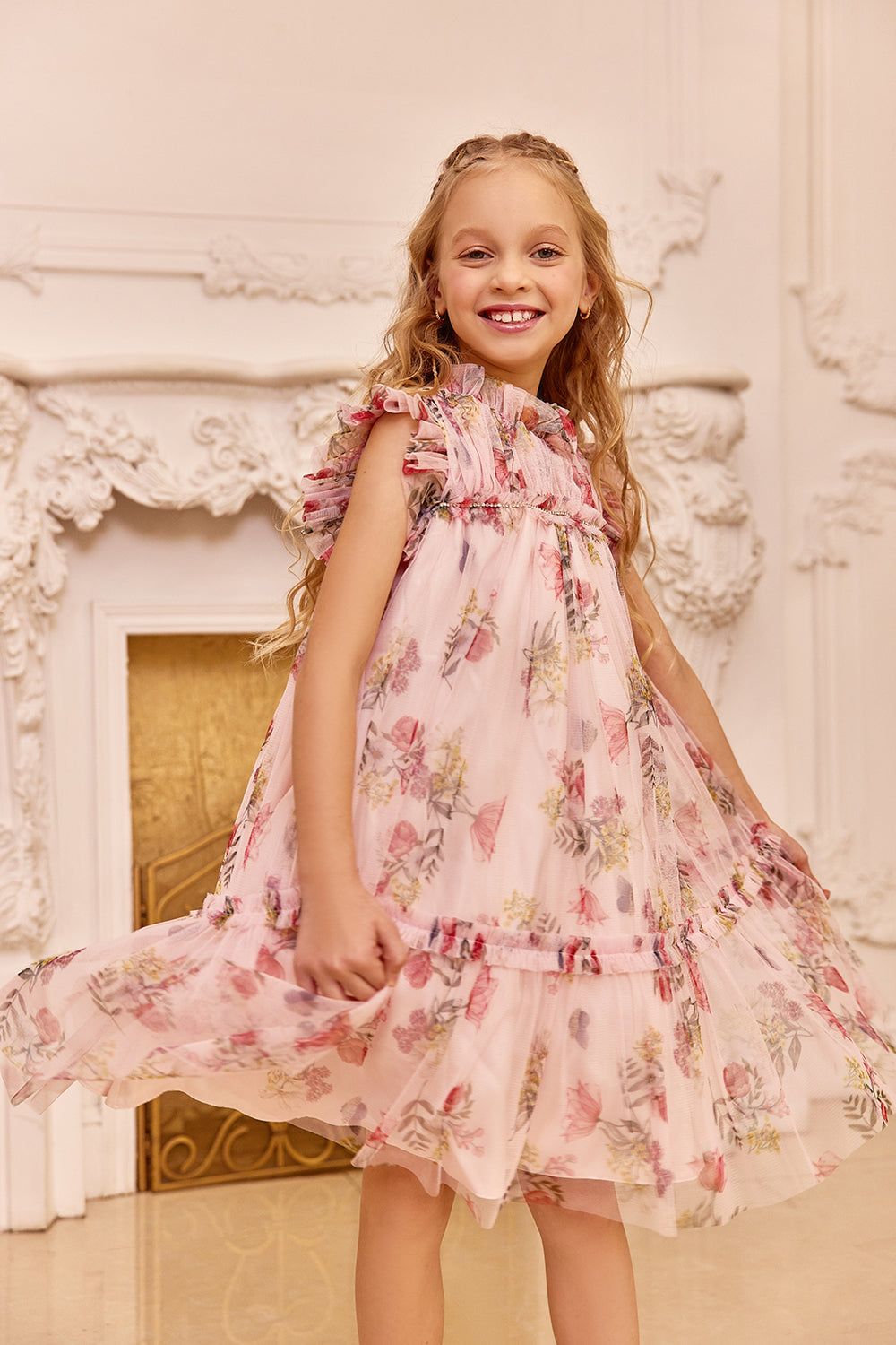 Pink dress with frilled floral pattern