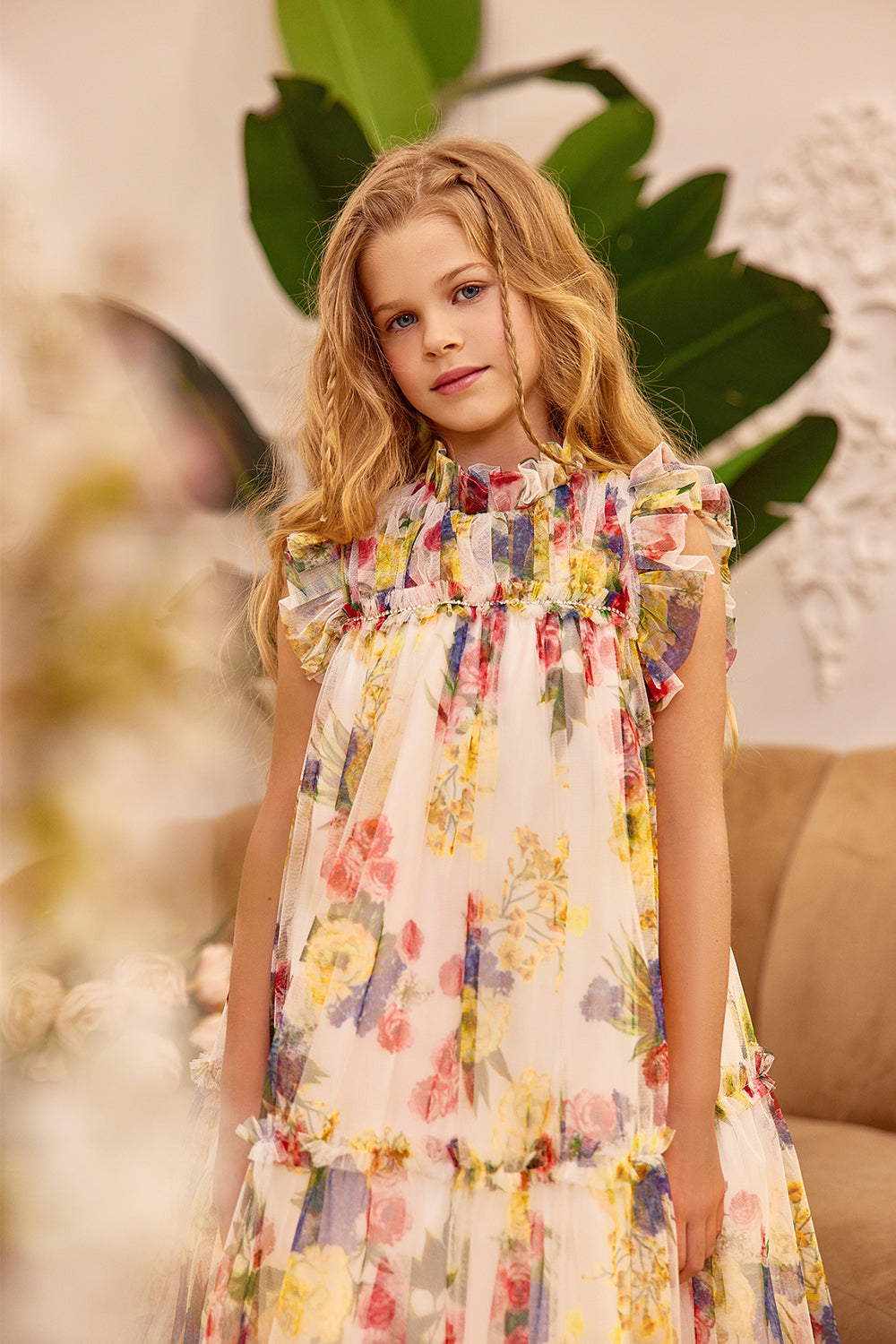 Yellow dress with frilled floral pattern