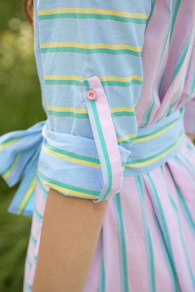 STRIPED SHIRT DRESS IN BLUE AND PINK