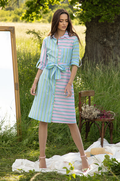 STRIPED SHIRT DRESS IN BLUE AND PINK