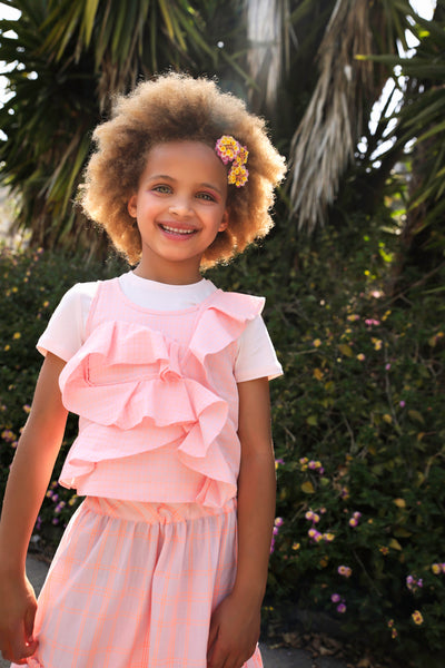Set of orange and pink neon cotton top with frills and t-shirt