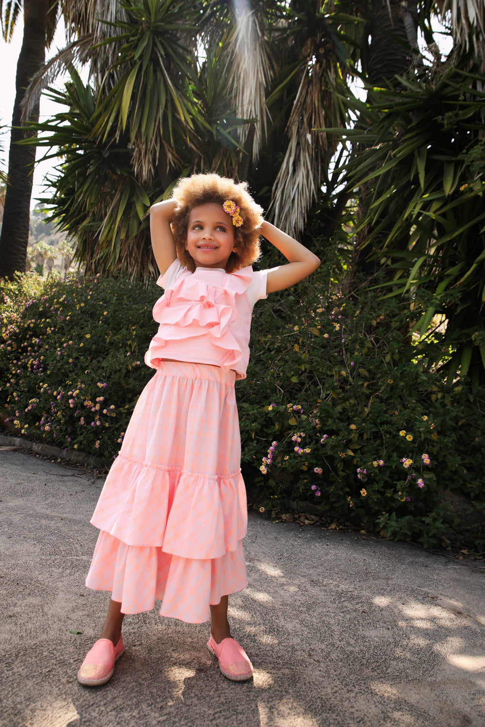 Orange and pink neon cotton skirt with frills