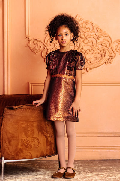 Shimmering rusty orange mini cotton blend dress with frills and puffed sleeves