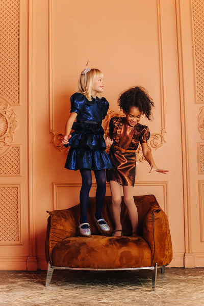 Shimmering rusty orange mini cotton blend dress with frills and puffed sleeves