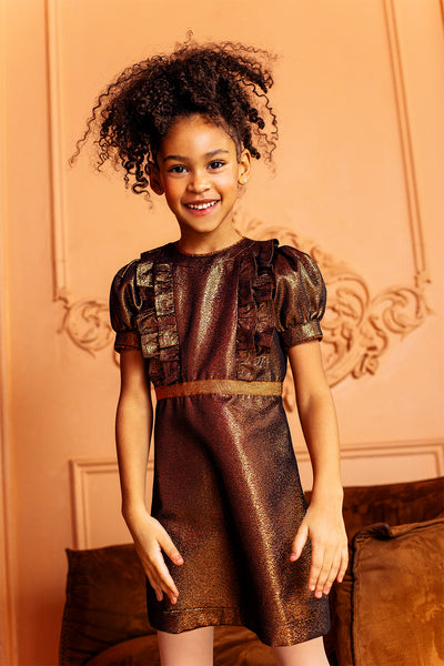 Shimmering rusty orange mini cotton blend dress with frills and puffed sleeves
