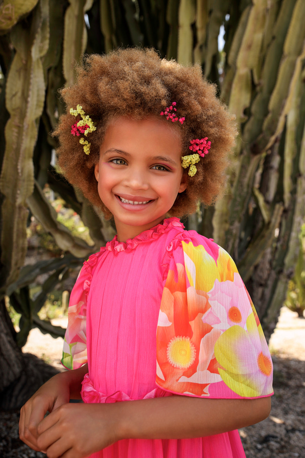 Shimmering chiffon fuchsia bright flowers printed dress with frills