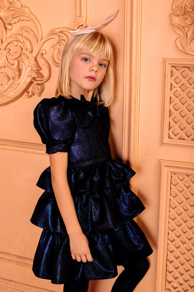 Shimmering ink blue frilled cotton blend dress with bow