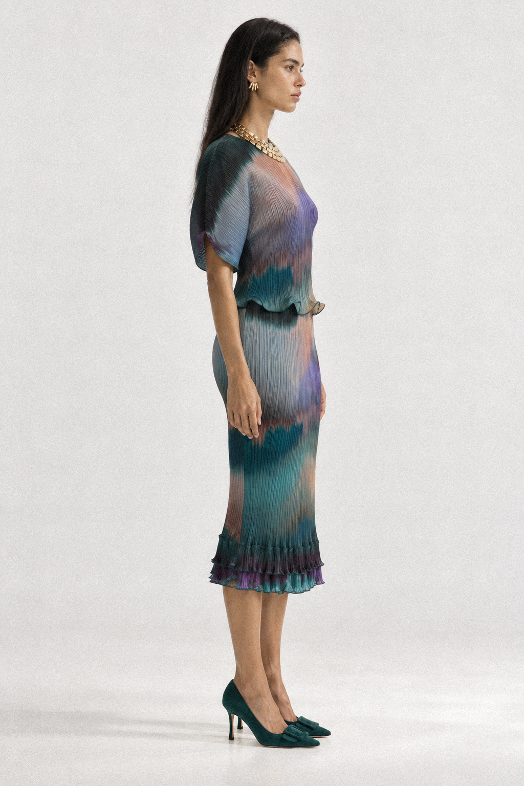 ARIA cropped pleated top in an abstract petrol and violet print - side view