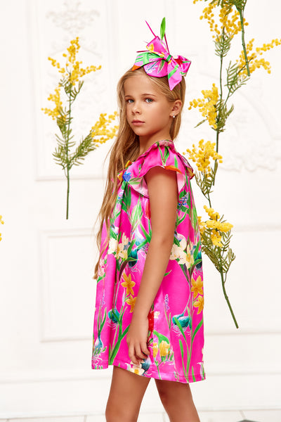 Silk fuchsia Spring flowers Liberty print dress with grossgrain bow and green glass button