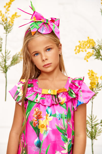 Silk fuchsia Spring flowers Liberty print dress with grossgrain bow and green glass button