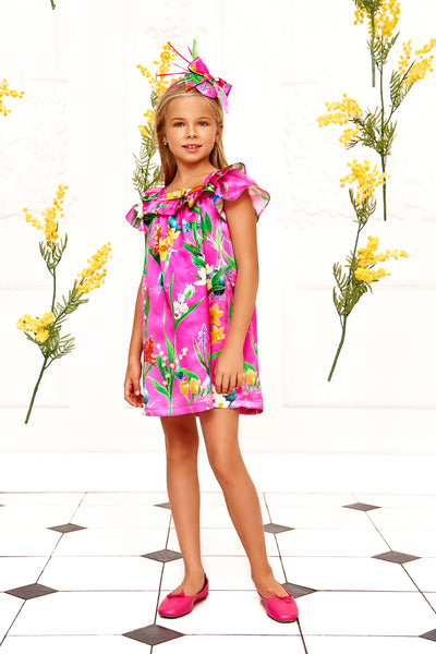 Silk fuchsia Spring flowers Liberty print dress with grossgrain bow and green glass button
