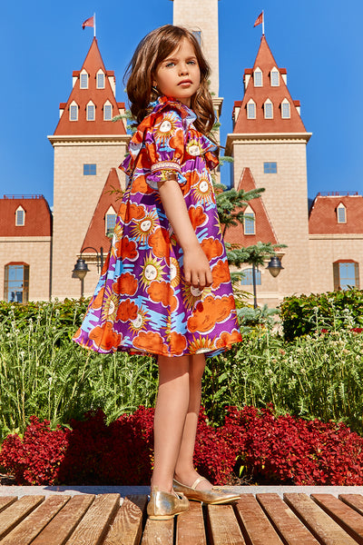 Silk purple, orange and blue Sun and Clouds Liberty print dress