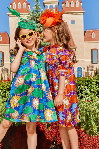 Silk purple, orange and blue Sun and Clouds Liberty print dress