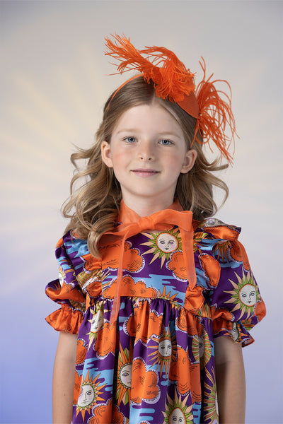 Silk purple, orange and blue Sun and Clouds Liberty print dress with orange silk organza pussy bow