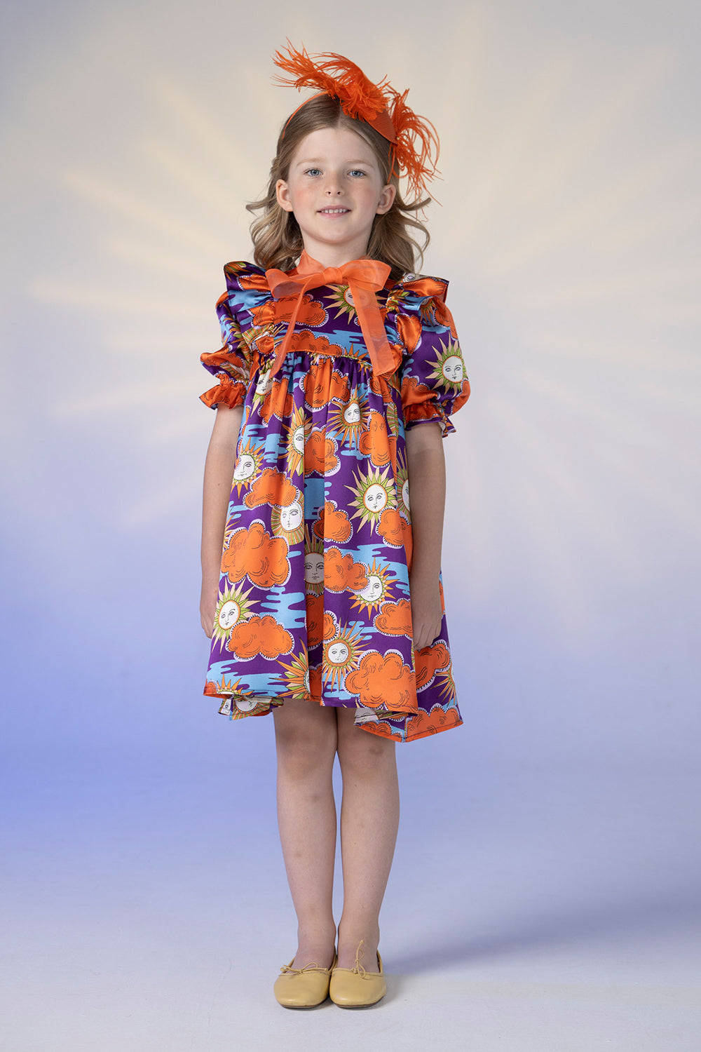 Silk purple, orange and blue Sun and Clouds Liberty print dress with orange silk organza pussy bow