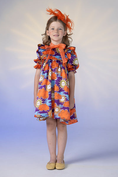Silk purple, orange and blue Sun and Clouds Liberty print dress with orange silk organza pussy bow