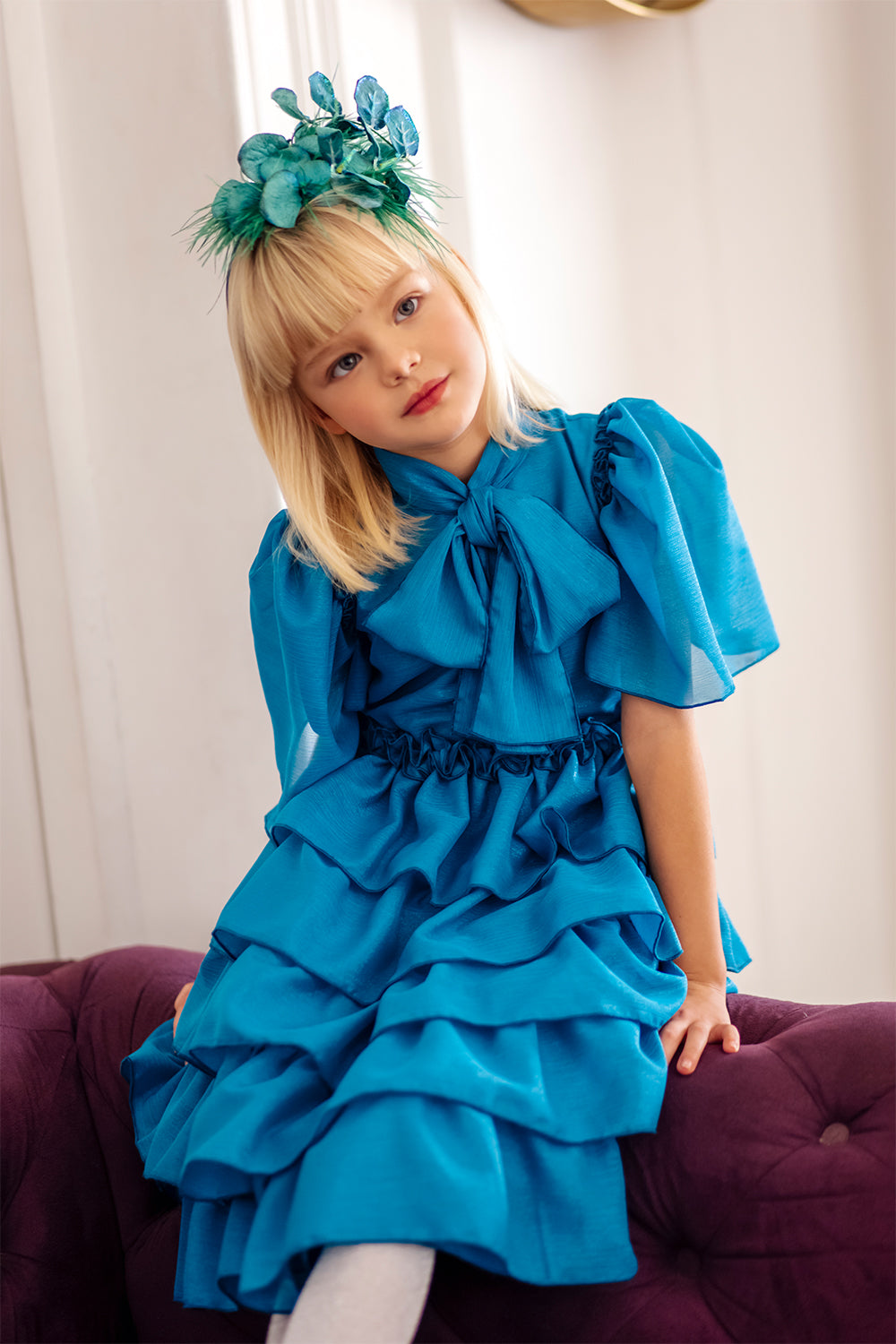Teal blue shimmering chiffon dress with frills and pussy bow