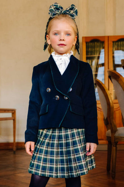 Dark blue courdory cotton blazer with green/blue pipping and buttons with coat of arms