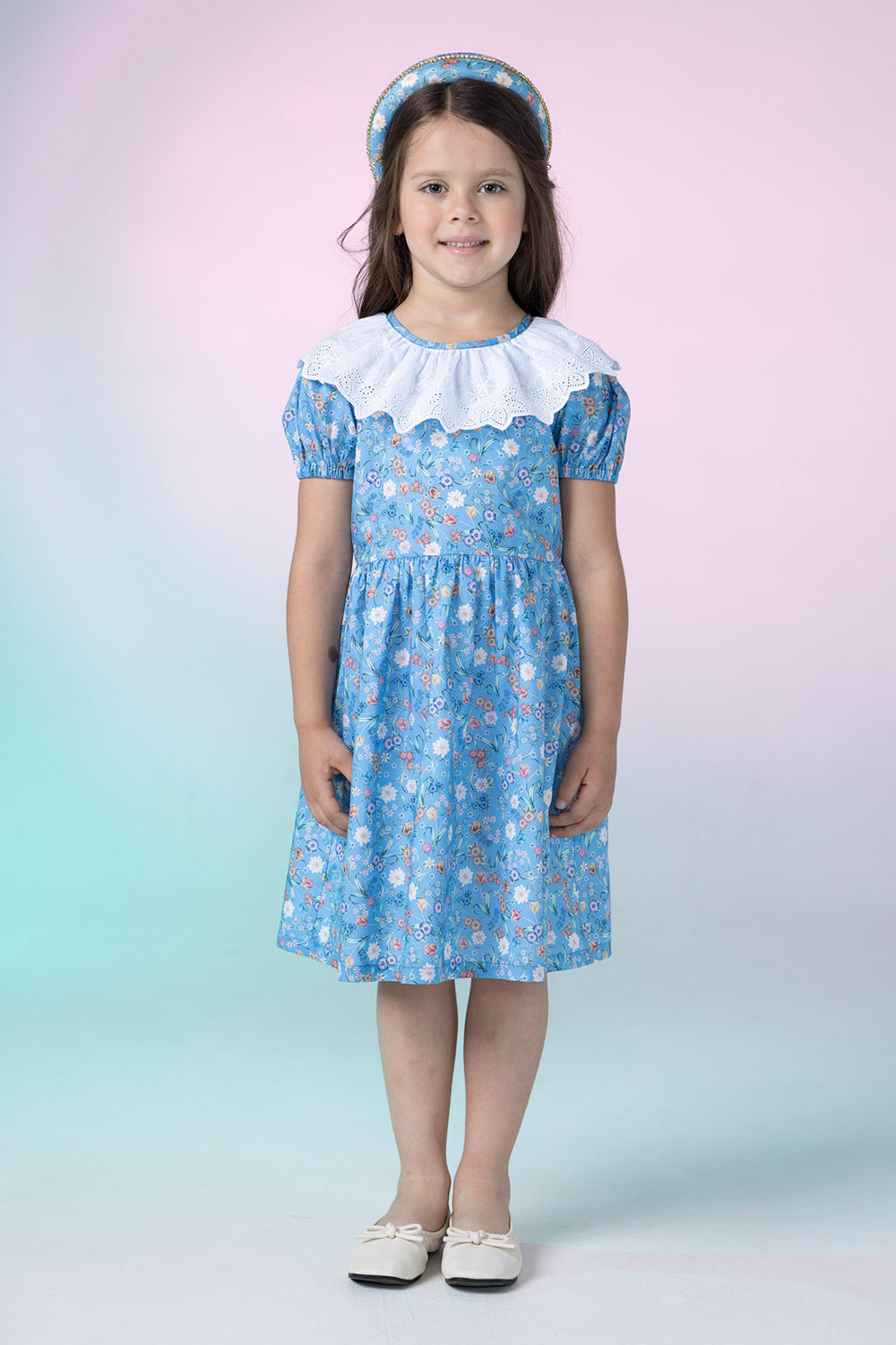Blue frilled floral Liberty print cotton dress with embroidered cotton collar
