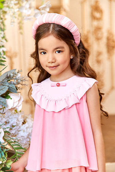 Three shades of pink chiffon layered dress with tiny bow