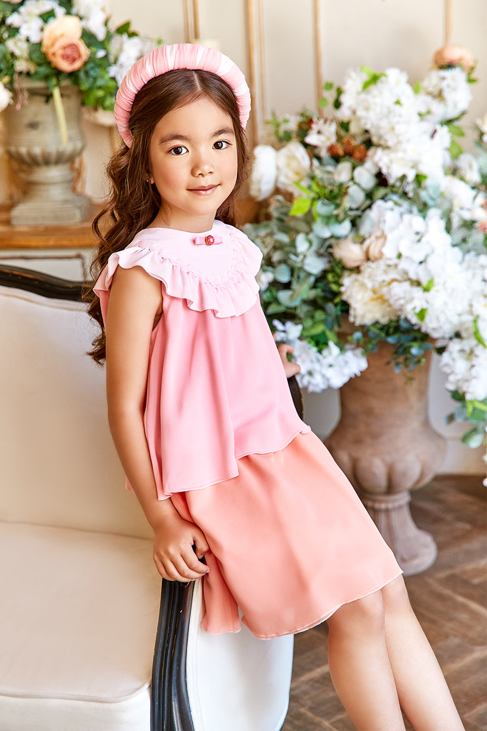 Three shades of pink chiffon layered dress with tiny bow