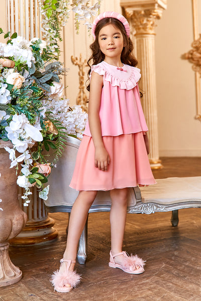 Three shades of pink chiffon layered dress with tiny bow